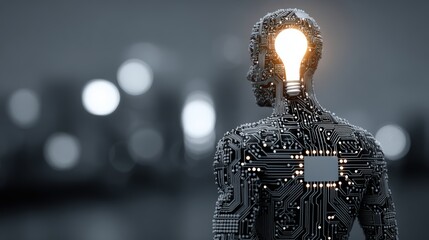 Futuristic Human with Light Bulb Head Symbolizing Innovation and Creativity