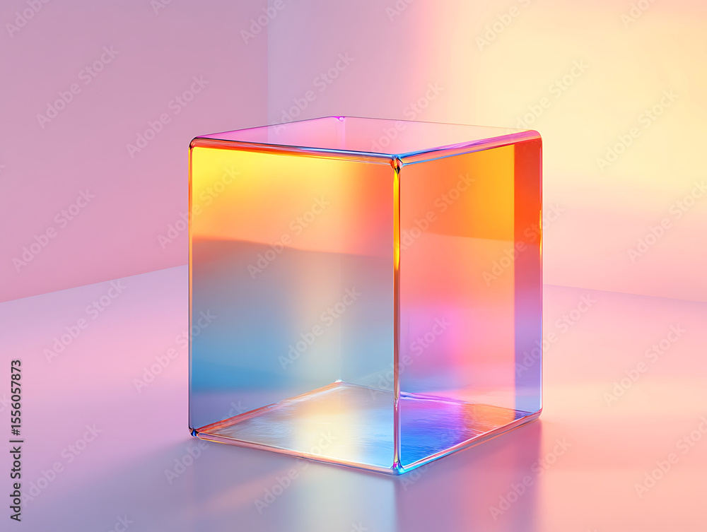 Poster iridescent acrylic cube in soft gradient light modern geometric shape abstract design visual art ren