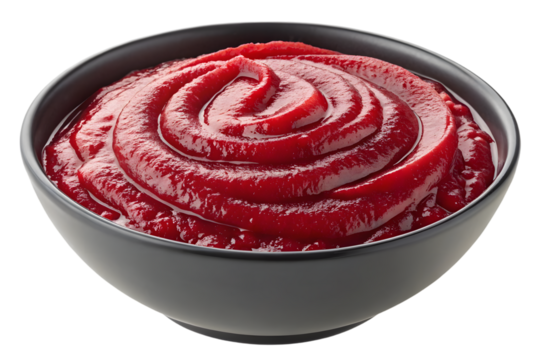 A bowl of rich red tomato ketchup with a swirl pattern isolated on transparent background