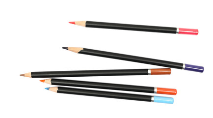 Colorful wooden crayons isolated on white, top view	