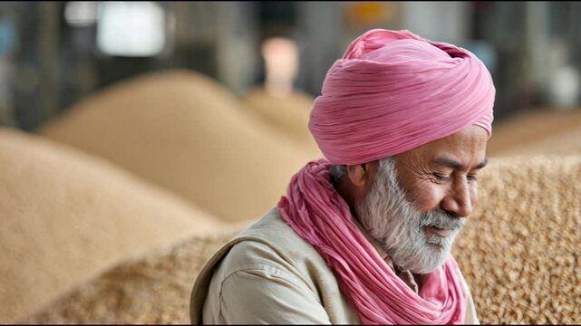 happy farmer smiling while wheat grain stock on background