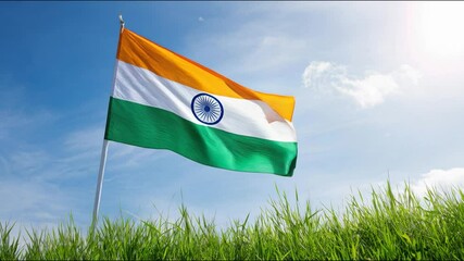 Indian tricolor flag waving at agriculture field - Powered by Adobe