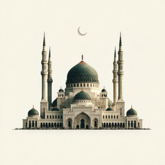Fototapeta premium Stunning modern mosque featuring intricate architecture, tall minarets, and large dome, set against soft background with crescent moon. This captures essence of Islamic design and spirituality