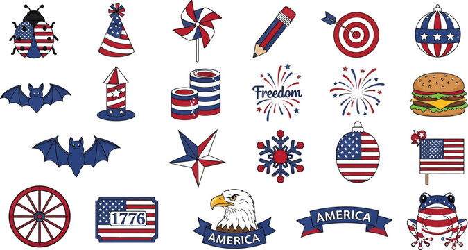 Patriotic themed vector graphics featuring american symbols and icons in red white and blue color scheme - Powered by Adobe