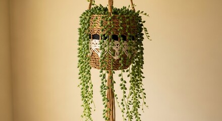 Hanging string of pearls plant in a woven basket with macrame detailing and rope hanger