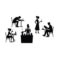 Silhouette illustration of coffee shop scene featuring barista and people enjoying beverages