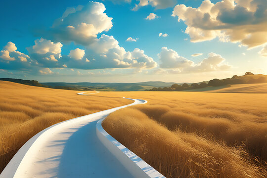 Curvy Road through Golden Field under Bright Blue Sky &ndash; Scenic Countryside Travel Landscape