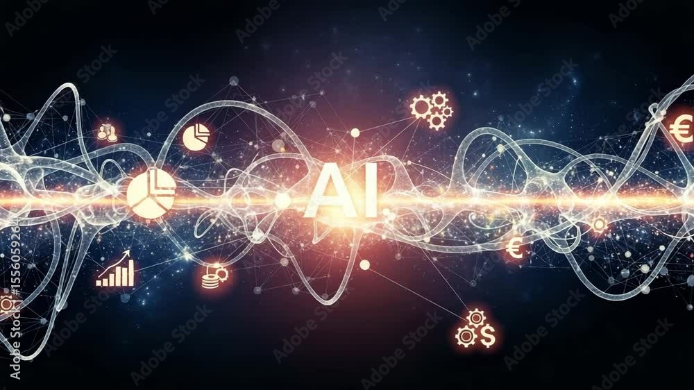 Poster artificial intelligence concept with glowing ai text and connected business icons on dark background