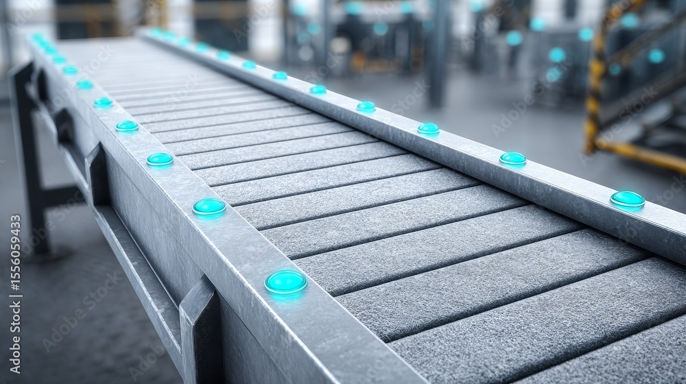 Poster automated conveyor belt with glowing sensors revolutionizing factory production lines in a futuristi