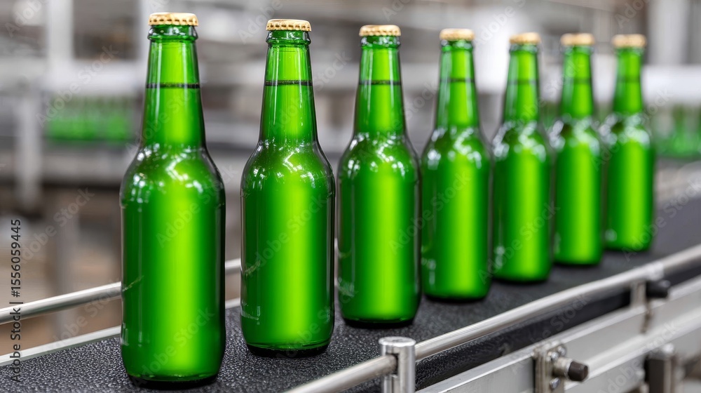 Poster synchronizing bottling line conveyor in beverage factory production and manufacturing process overvi