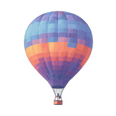 Fototapeta premium A vibrant hot air balloon, predominantly purple, blue, and orange, features a pixelated design against a black background. Its basket is small and dark