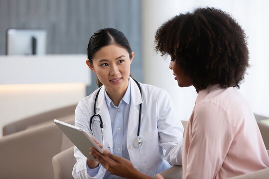 Doctor and patient discussing medical information on a tablet in a modern clinic - Powered by Adobe
