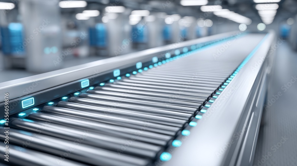 Poster smart sensors scanning items on conveyor belt in factory production line for enhanced manufacturing 