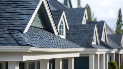 Closeup Grey Shingle Roofs Suburban Homes Row