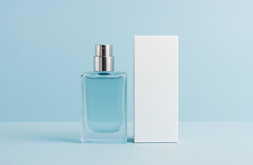 Minimalist composition with a glass perfume bottle filled with blue liquid and a blank white box on a light blue background. Fragrance packaging mockup for branding or product presentation.