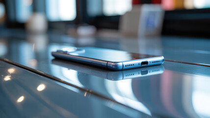 Smartphone on Table: A sleek, modern smartphone rests on a polished table, its reflection shimmering subtly in the surface. The background is softly blurred, suggesting a caf&eacute; or office setting.