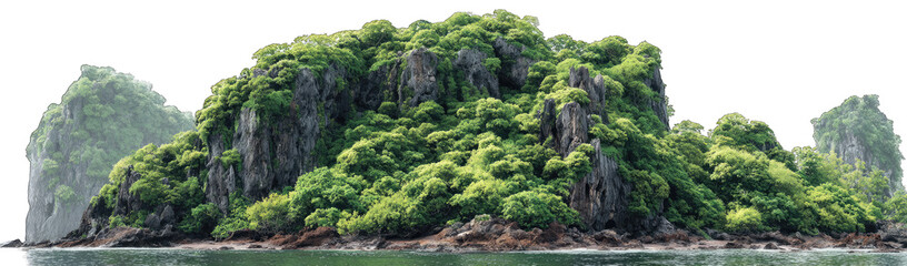 Lush green island, rocky cliffs, calm water