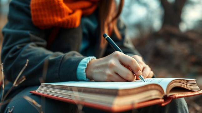 Person journaling outdoors in autumn. Woman sits on ground writing in notebook with pencil. Person journaling outdoors provides relaxing moment in nature.
