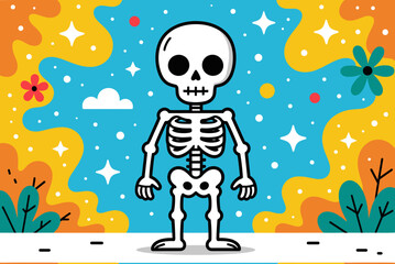 Naklejka premium Cartoon Skeleton Illustration with Colorful Floral Background, Perfect for Halloween or Day of the Dead