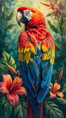 Obraz premium Colorful scarlet macaw perched among tropical flowers in vibrant rainforest setting