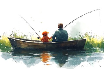 Father and Child Fishing Together in a Wooden Boat on Calm Water Illustration image