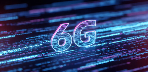 Futuristic digital 6G network technology concept with glowing text