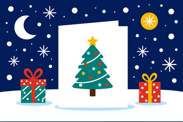 Festive Christmas Card Scene with Decorated Tree, Presents, Moon and Stars Illustration