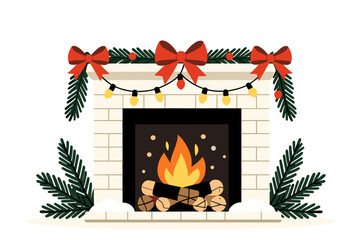 Festive Christmas Fireplace with Garland, Lights, and Bows Illustration for Holiday Season