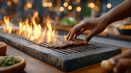 Fiery culinary action a chef creating street food over flames in an asian market gigapixel standard visual content