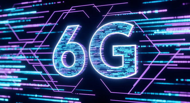 Futuristic digital 6G network technology concept with glowing text