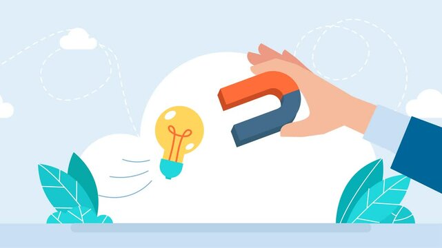 Businessman hand holding magnet to magnetize light bulb lamp ideas, new ideas, creativity or innovation for new business concept. Businessman with magnet attracts light bulb. 2d flat animation	