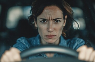 Obraz premium Frustrated woman grips steering wheel, eyes narrowed in intense concentration during a challenging drive.