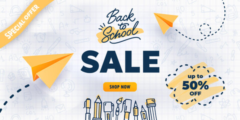 Back to school sale banner. Vector hand drawn promotion poster with realistic paper planes and doodle drawings of school supplies. White crumpled checkered notebook paper background. Web ad template © v1ra