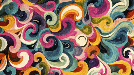 Vibrant swirl pattern featuring mix of colors including pink, blue, yellow, and green, creating psychedelic effect. This lively design evokes sense of energy and creativity