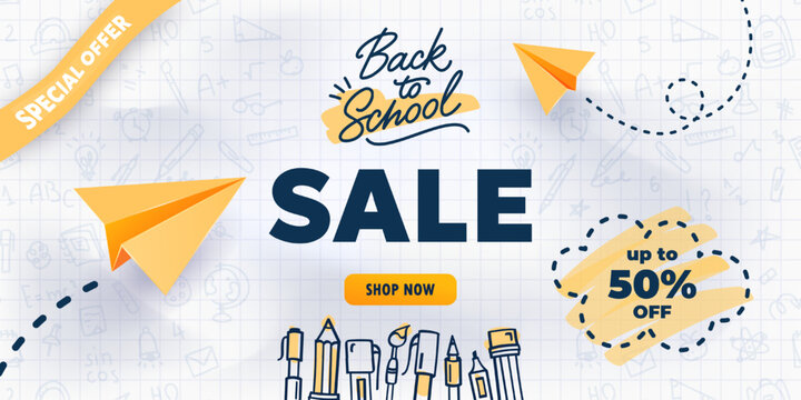 Back to school sale banner. Vector hand drawn promotion poster with realistic paper planes and doodle drawings of school supplies. White crumpled checkered notebook paper background. Web ad template