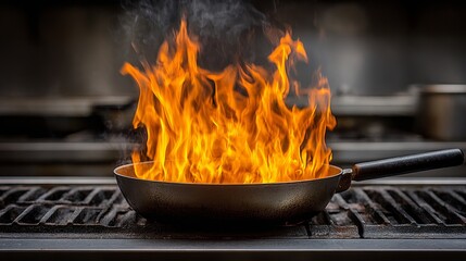 Dynamic chef capturing the intense flames of street food cooking urban kitchen gigapixel fast shutter photography