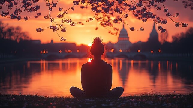 Serene Sunset by the Lake: Woman in Meditation with Cherry Blossoms and Cityscape