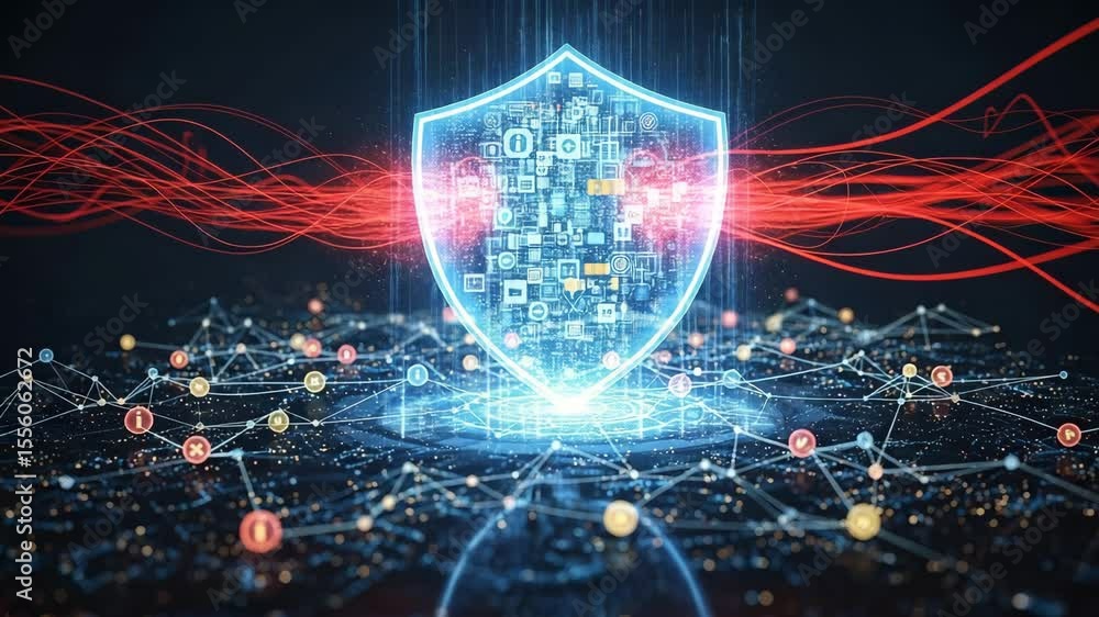 Poster glowing shield with digital icons and network connections against a dark background with red lines