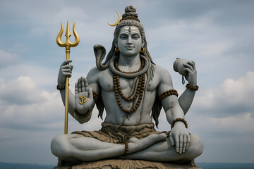 Lord Shiva statue with trident and damaru, Hindu god Shiva sculpture in meditation, Majestic Lord Shiva idol outdoors, Spiritual statue of Mahadev under cloudy sky AI Stock Photo.
