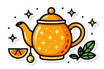 Bright Yellow Teapot with Sparkling Stars, Orange Slice, and Green Leaves Illustration