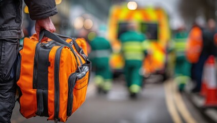 Paramedic carries emergency medical bag, ambulance blurred in background.
