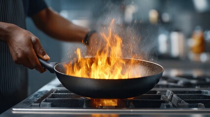 Vibrant wok fire dancing by a focused chef street food culinary art urban kitchen smoke and flames dynamic cooking experience