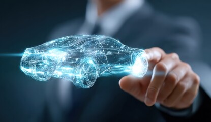 Futuristic Car Design: A businessman interacts with a digital holographic model of a sleek, innovative vehicle, showcasing cutting-edge automotive