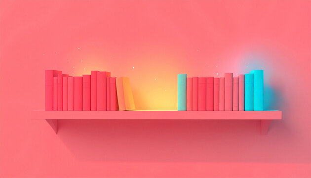 Books on a luminous shelf, illumination of knowledge, study of literature and reading