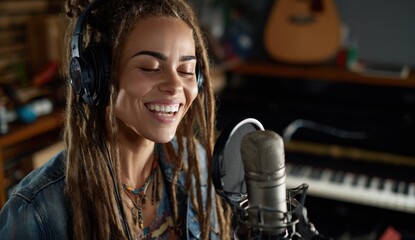 Passionate singer with dreadlocks records soulful vocals in a cozy home studio, eyes closed in musical bliss.