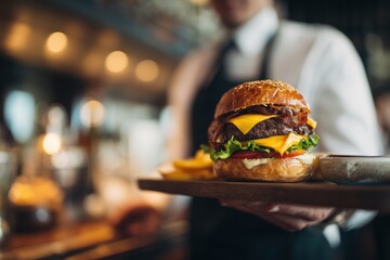 The waiter serves a delicious burger and fries
