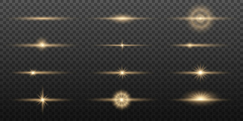 Naklejka premium Light effects. Light yellow star, soft sunny sparkle, dust, line, solar flare, spark and stars, spotlight, curve. Bright rays of light. Glowing lines. Vector illustration on transparent background