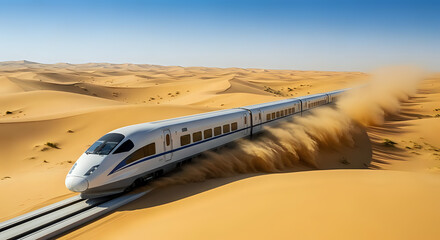 High speed train travel through desert sand dunes landscape transportation railway adventure exploration