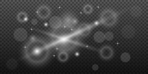 Light effects. Light yellow star, soft sunny sparkle. Christmas glowing bokeh confetti light and glitter texture overlay for design. Festive sparkling silver dust. Vector illustration on transparent