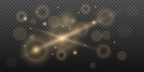 Light effects. Light yellow star, soft sunny sparkle. Christmas glowing bokeh confetti light and glitter texture overlay for design. Festive sparkling gold dust. Vector illustration on transparent